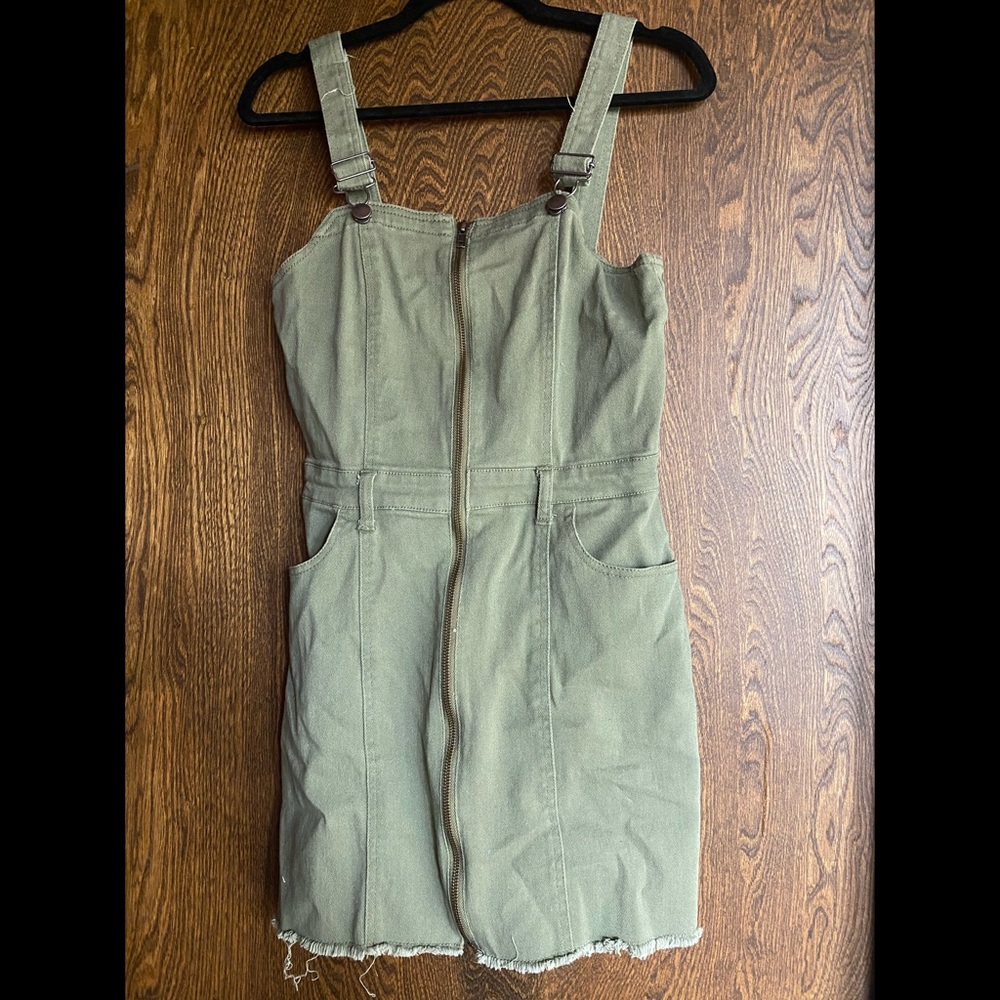 Tinsel town, jean dress, olive green , zip up